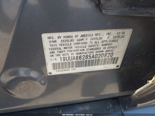 Aukcja sprzedaży 2005 Acura Tl, vin: 19UUA66285A020820, numer aukcji: 45092663