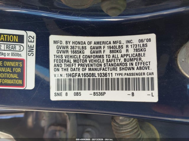 2008 Honda Civic Lx მანქანა იყიდება აუქციონზე, vin: 1HGFA16508L103611, აუქციონის ნომერი: 45092669