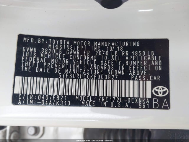 Продажа на аукционе авто 2019 Toyota Corolla Le, vin: 5YFBURHE0KP900827, номер лота: 45092681