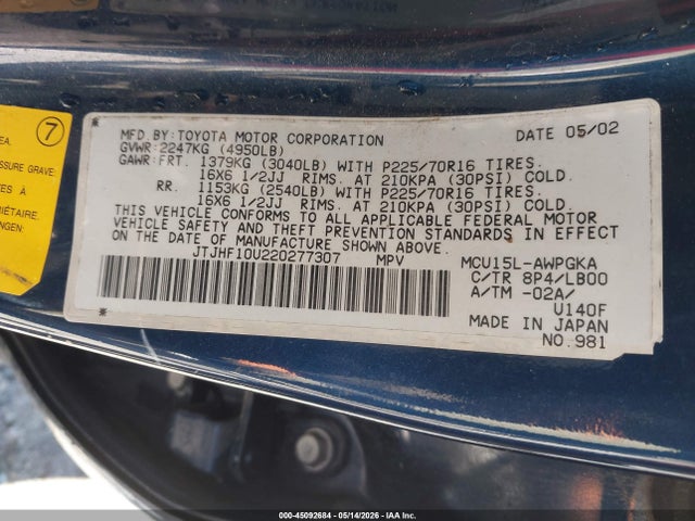 Aukcja sprzedaży 2002 Lexus Rx 300, vin: JTJHF10U220277307, numer aukcji: 45092684