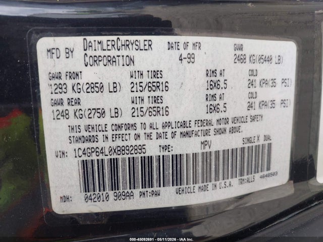 Продаж на аукціоні авто 1999 Chrysler Town & Country Limited, vin: 1C4GP64L0XB892895, номер лоту: 45092691