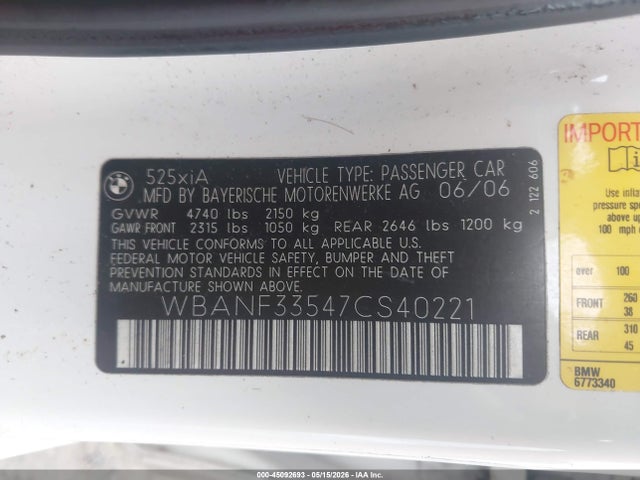 Aukcja sprzedaży 2007 Bmw 525xi, vin: WBANF33547CS40221, numer aukcji: 45092693