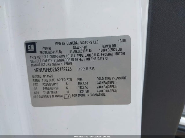 Aukcja sprzedaży 2010 Chevrolet Traverse Lt, vin: 1GNLRFED2AS139223, numer aukcji: 45092700