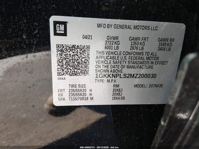 45092721 :رقم المزاد ، 1GKKNPLS2MZ200030 vin ، 2021 Gmc Acadia Fwd Denali مزاد بيع