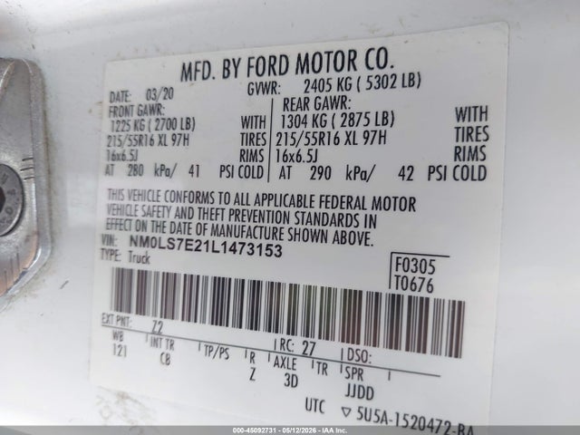 45092731 :رقم المزاد ، NM0LS7E21L1473153 vin ، 2020 Ford Transit Connect Xl مزاد بيع