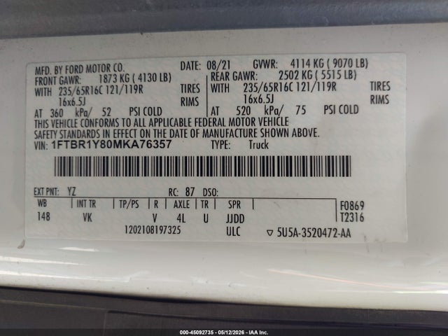 2021 Ford Transit-250 მანქანა იყიდება აუქციონზე, vin: 1FTBR1Y80MKA76357, აუქციონის ნომერი: 45092735