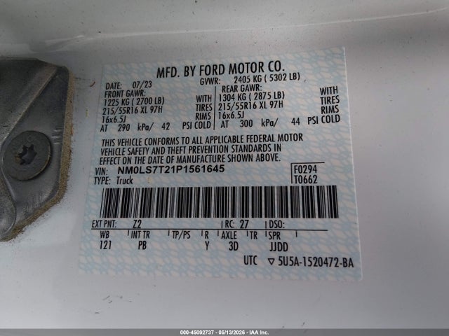 45092737 :رقم المزاد ، NM0LS7T21P1561645 vin ، 2023 Ford Transit Connect Xlt مزاد بيع