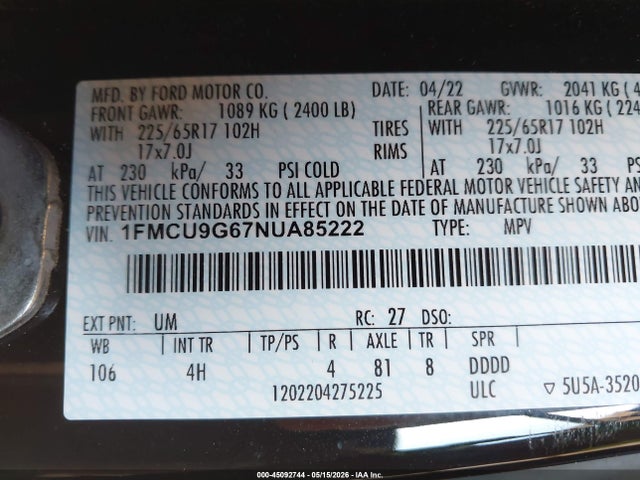 2022 Ford Escape Se მანქანა იყიდება აუქციონზე, vin: 1FMCU9G67NUA85222, აუქციონის ნომერი: 45092744