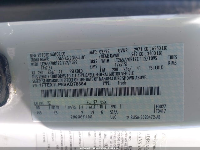 2025 Ford F-150 Xl მანქანა იყიდება აუქციონზე, vin: 1FTEX1LP6SKD78864, აუქციონის ნომერი: 45092747