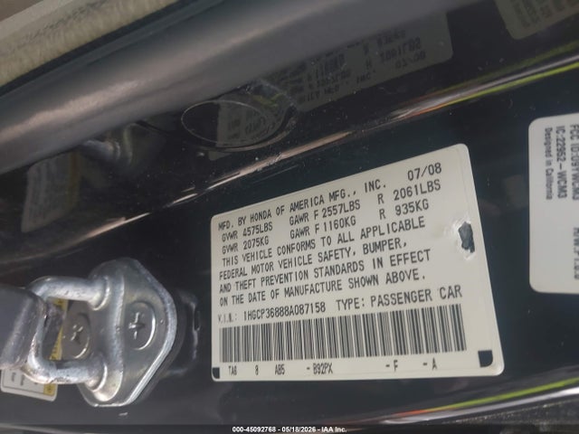 45092768 :رقم المزاد ، 1HGCP36888A087158 vin ، 2008 Honda Accord 3.5 Ex-l مزاد بيع