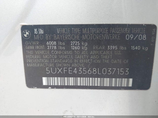 Продажа на аукционе авто 2008 Bmw X5 3.0si, vin: 5UXFE43568L037153, номер лота: 45092770