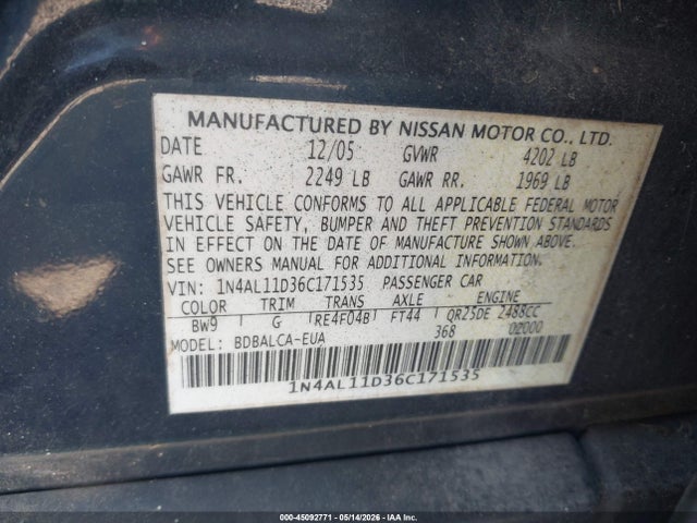 Продаж на аукціоні авто 2006 Nissan Altima 2.5 S, vin: 1N4AL11D36C171535, номер лоту: 45092771
