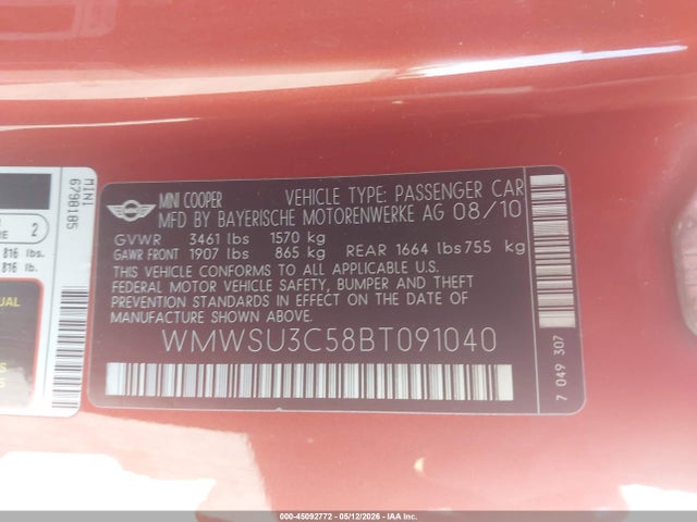 Aukcja sprzedaży 2011 Mini Cooper, vin: WMWSU3C58BT091040, numer aukcji: 45092772