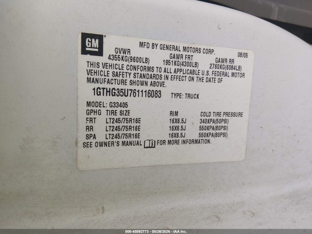 2006 Gmc Savana Work Van მანქანა იყიდება აუქციონზე, vin: 1GTHG35U761116083, აუქციონის ნომერი: 45092773