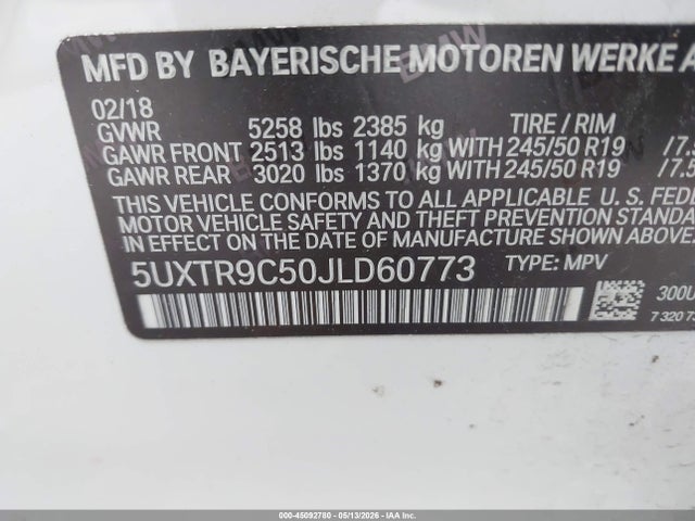 45092780 :رقم المزاد ، 5UXTR9C50JLD60773 vin ، 2018 Bmw X3 Xdrive30i مزاد بيع