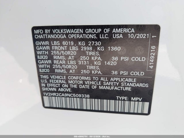 Aukcja sprzedaży 2022 Volkswagen Atlas 3.6l V6 Se W/technology, vin: 1V2HR2CA9NC509338, numer aukcji: 45092791