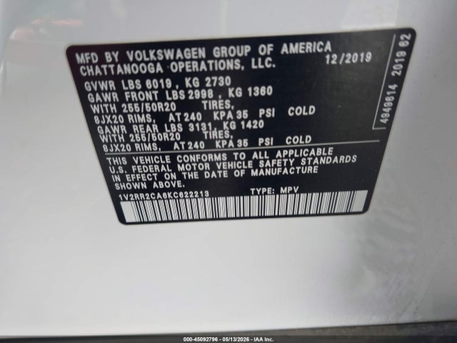 1V2RR2CA6KC622213 Volkswagen Atlas 3.6l V6 Sel R-line