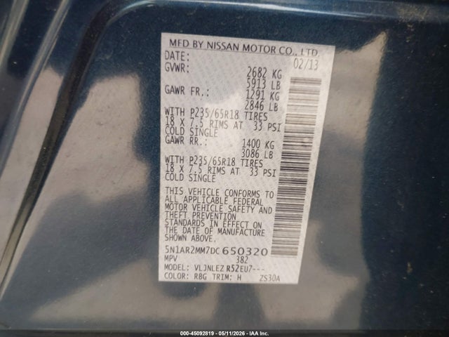 45092819 :رقم المزاد ، 5N1AR2MM7DC650320 vin ، 2013 Nissan Pathfinder Sv مزاد بيع