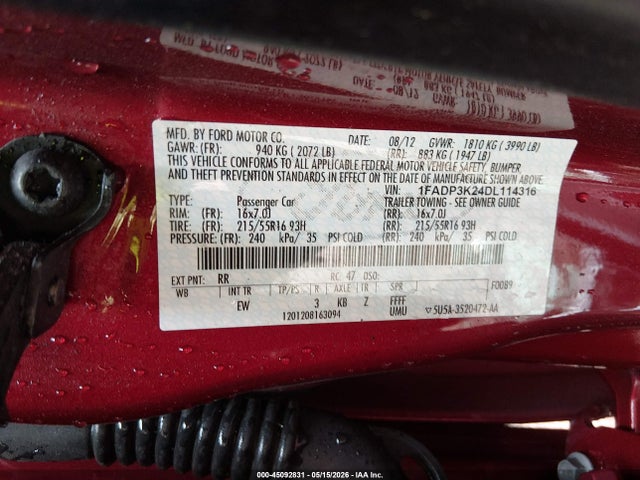 45092831 :رقم المزاد ، 1FADP3K24DL114316 vin ، 2013 Ford Focus Se مزاد بيع