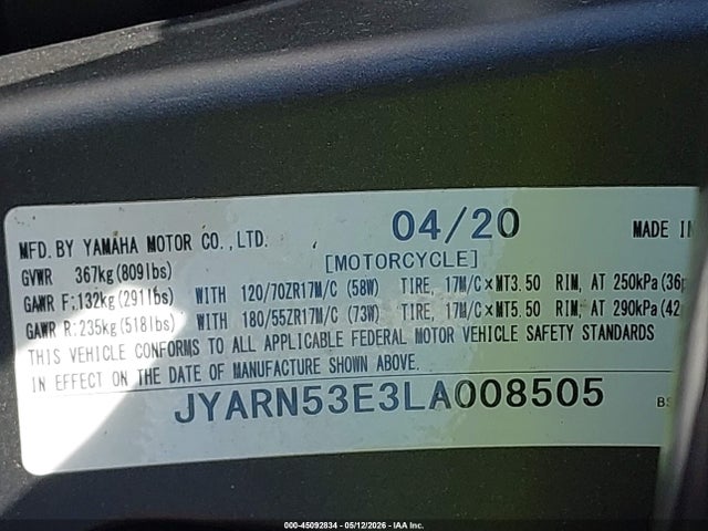 Aukcja sprzedaży 2020 Yamaha Mt09, vin: JYARN53E3LA008505, numer aukcji: 45092834