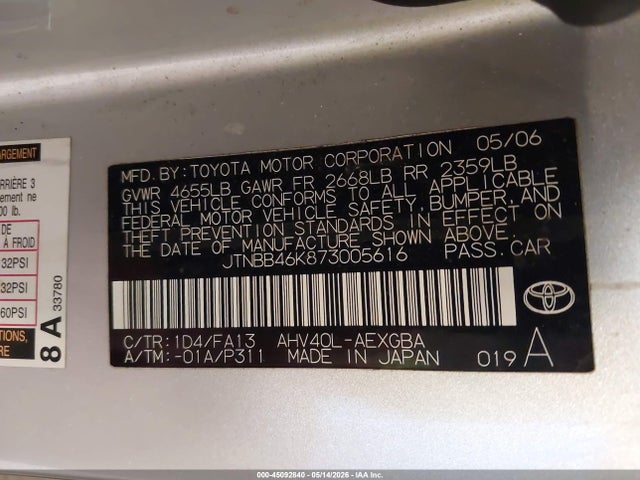 Aukcja sprzedaży 2007 Toyota Camry Hybrid, vin: JTNBB46K873005616, numer aukcji: 45092840