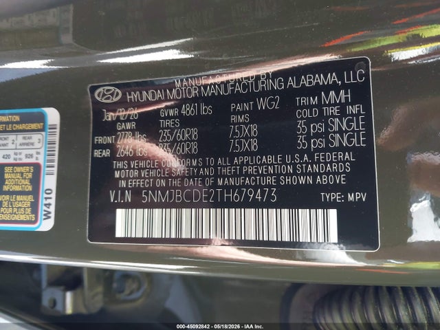 5NMJBCDE2TH679473 Hyundai TUCSON SEL