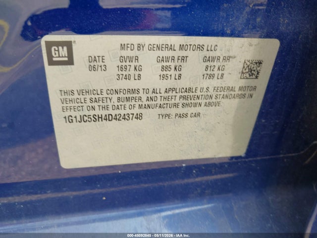 Aukcja sprzedaży 2013 Chevrolet Sonic Lt Auto, vin: 1G1JC5SH4D4243748, numer aukcji: 45092845