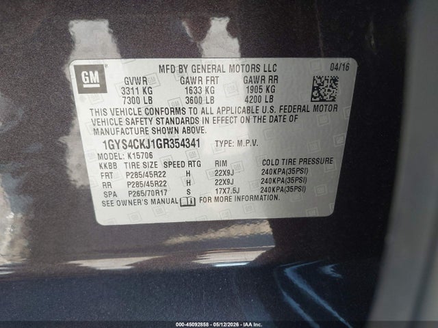 Aukcja sprzedaży 2016 Cadillac Escalade Premium Collection, vin: 1GYS4CKJ1GR354341, numer aukcji: 45092858