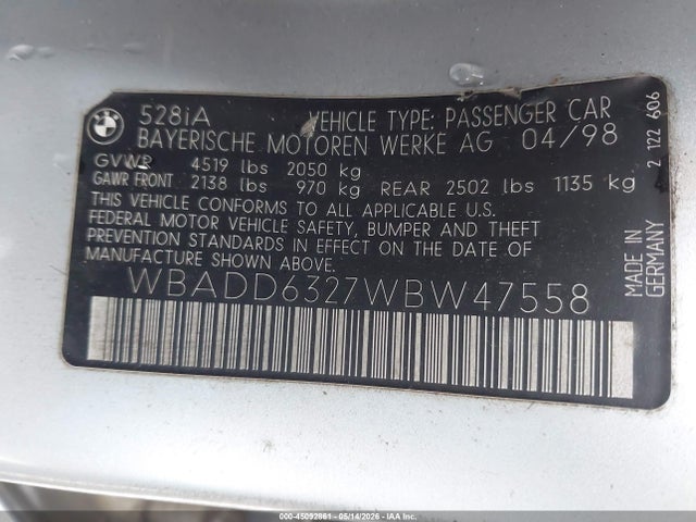 45092861 :رقم المزاد ، WBADD6327WBW47558 vin ، 1998 Bmw 528i مزاد بيع