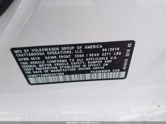 Aukcja sprzedaży 2017 Volkswagen Passat 1.8t Se, vin: 1VWBT7A38HC021252, numer aukcji: 45092873