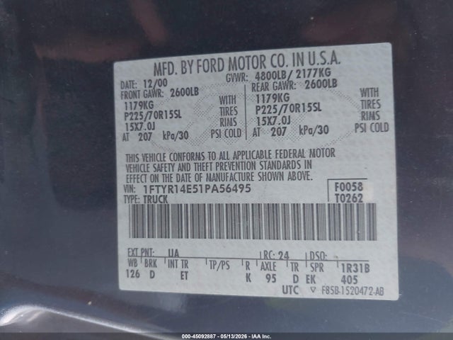 Aukcja sprzedaży 2001 Ford Ranger Edge/xlt, vin: 1FTYR14E51PA56495, numer aukcji: 45092887