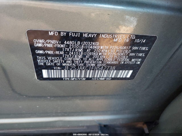 45092895 :رقم المزاد ، JF2SJAKC1FH542738 vin ، 2015 Subaru Forester 2.5i Limited مزاد بيع