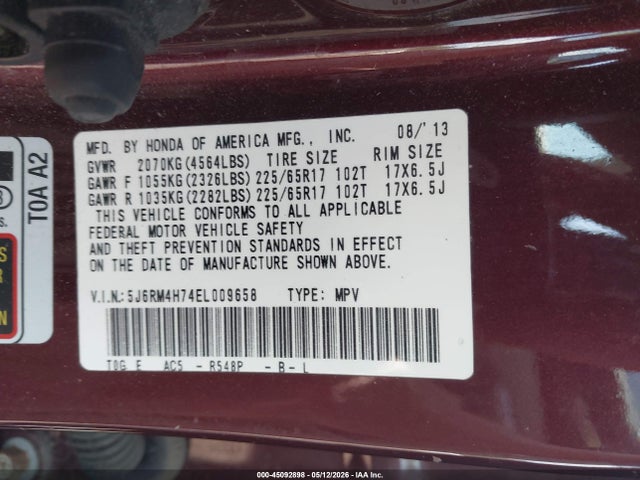 Aukcja sprzedaży 2014 Honda Cr-v Ex-l, vin: 5J6RM4H74EL009658, numer aukcji: 45092898