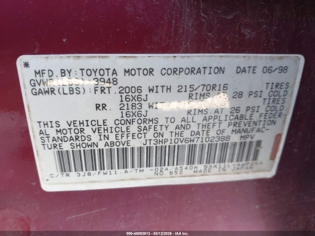 45092913 :رقم المزاد ، JT3HP10V6W7102388 vin ، 1998 Toyota Rav4 مزاد بيع