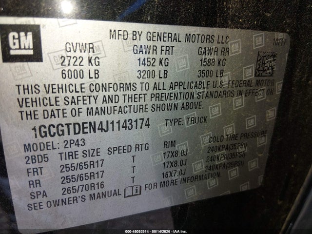 Aukcja sprzedaży 2018 Chevrolet Colorado Z71, vin: 1GCGTDEN4J1143174, numer aukcji: 45092914