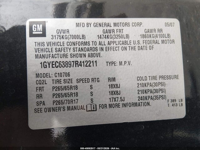2007 Cadillac Escalade Standard მანქანა იყიდება აუქციონზე, vin: 1GYEC63897R412211, აუქციონის ნომერი: 45092917