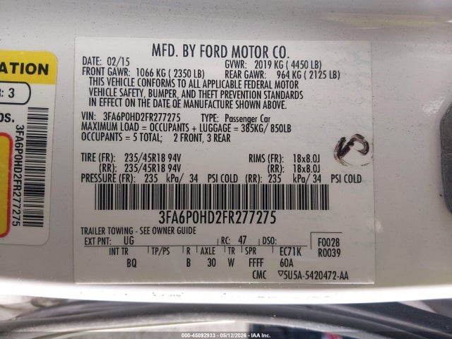 Aukcja sprzedaży 2015 Ford Fusion Se, vin: 3FA6P0HD2FR277275, numer aukcji: 45092933
