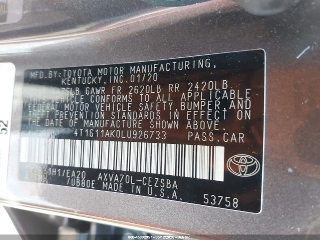Продажа на аукционе авто 2020 Toyota Camry Se, vin: 4T1G11AK0LU926733, номер лота: 45092957