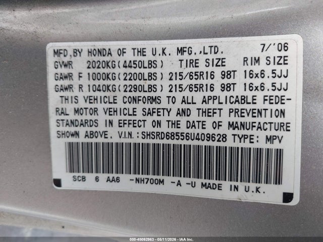 Aukcja sprzedaży 2006 Honda Cr-v Lx, vin: SHSRD68556U409628, numer aukcji: 45092963