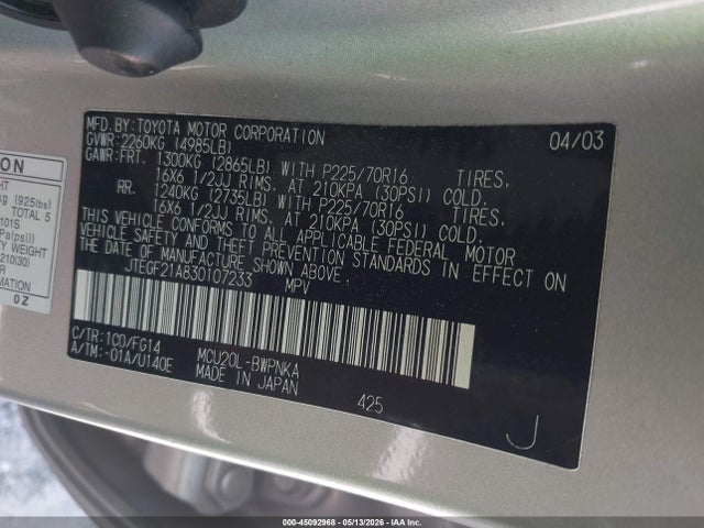Aukcja sprzedaży 2003 Toyota Highlander V6, vin: JTEGF21A830107233, numer aukcji: 45092968