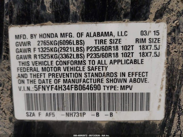 Aukcja sprzedaży 2015 Honda Pilot Se, vin: 5FNYF4H34FB064690, numer aukcji: 45092972