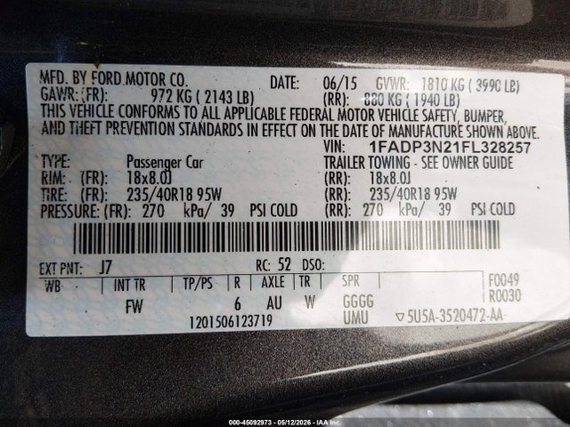 Продаж на аукціоні авто 2015 Ford Focus Titanium, vin: 1FADP3N21FL328257, номер лоту: 45092973