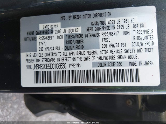 45092978 :رقم المزاد ، JM3KE2CE9D0108630 vin ، 2013 Mazda Cx-5 Touring مزاد بيع