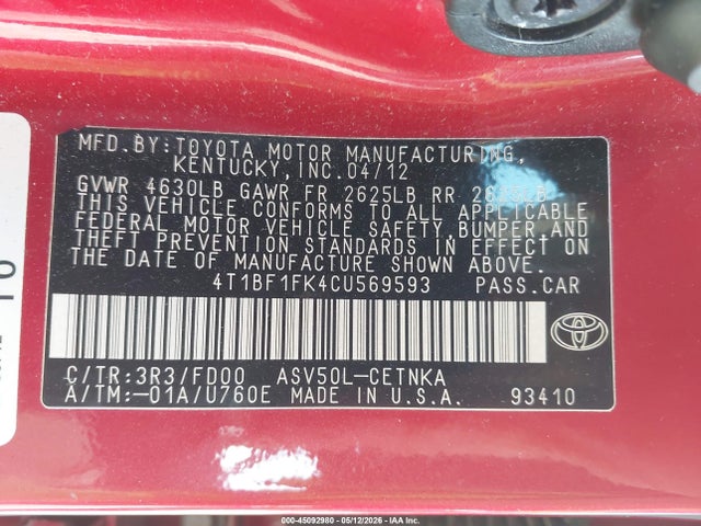 45092980 :رقم المزاد ، 4T1BF1FK4CU569593 vin ، 2012 Toyota Camry Le مزاد بيع