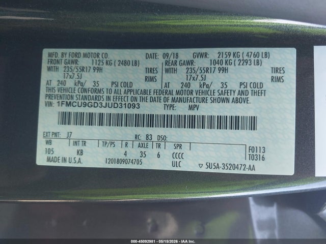 1FMCU9GD3JUD31093 Ford ESCAPE SE