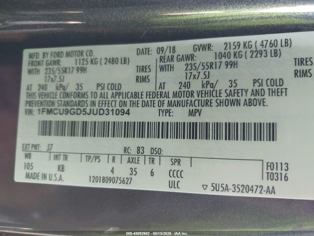 1FMCU9GD5JUD31094 Ford ESCAPE SE