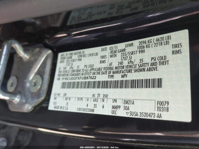 Продаж на аукціоні авто 2015 Ford Escape Se, vin: 1FMCU0G7XFUB87622, номер лоту: 45092991