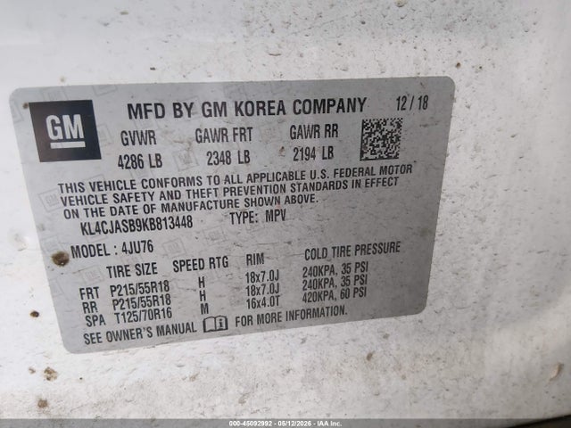 45092992 :رقم المزاد ، KL4CJASB9KB813448 vin ، 2019 Buick Encore Fwd Preferred مزاد بيع