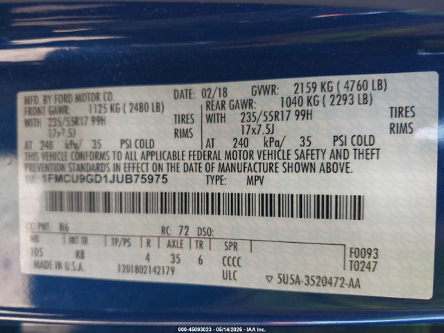 Продаж на аукціоні авто 2018 Ford Escape Se, vin: 1FMCU9GD1JUB75975, номер лоту: 45093023