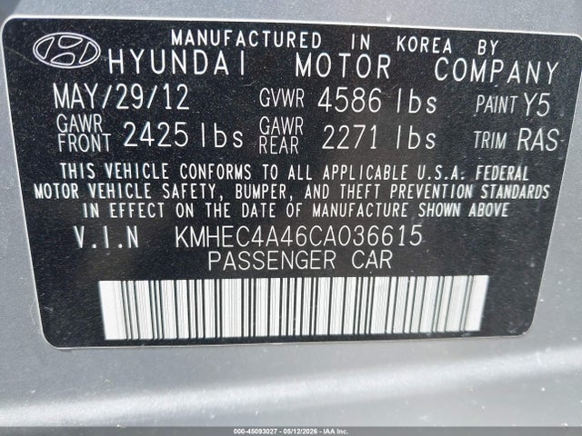 Aukcja sprzedaży 2012 Hyundai Sonata Hybrid, vin: KMHEC4A46CA036615, numer aukcji: 45093027